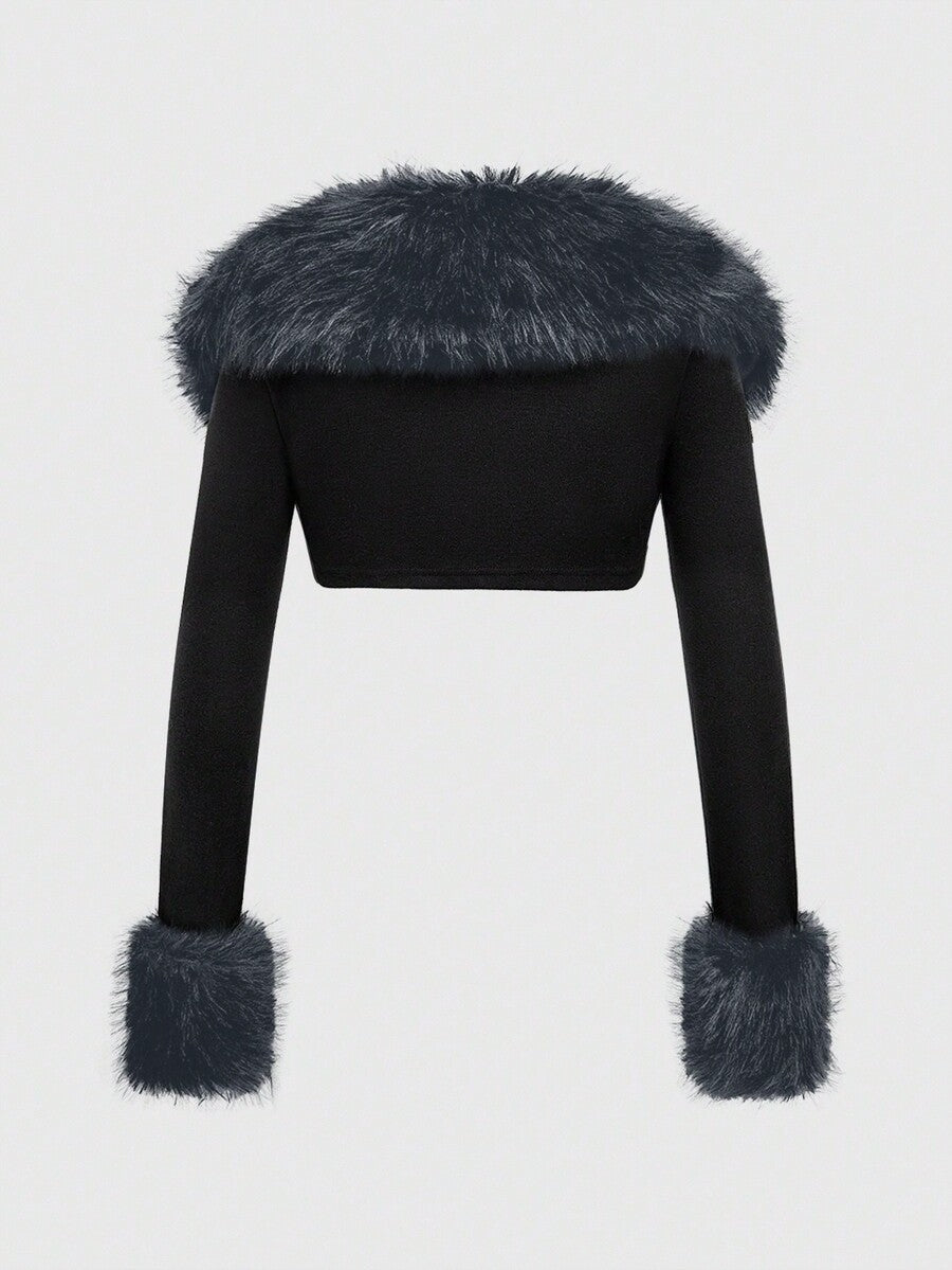 Black long sleeve open front micro crop top featuring contrast fluffy faux fur trim and knitted fabric.