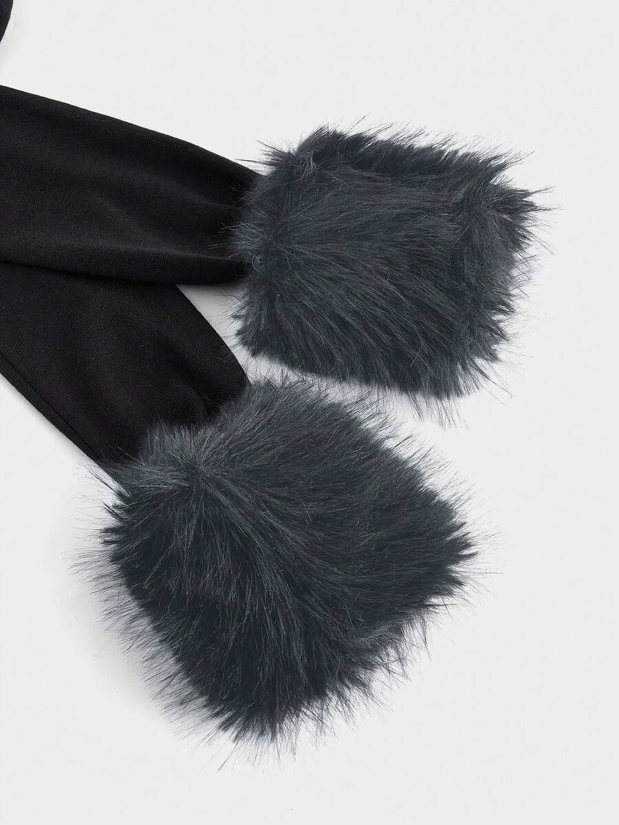 Black long sleeve open front micro crop top featuring contrast fluffy faux fur trim and knitted fabric.