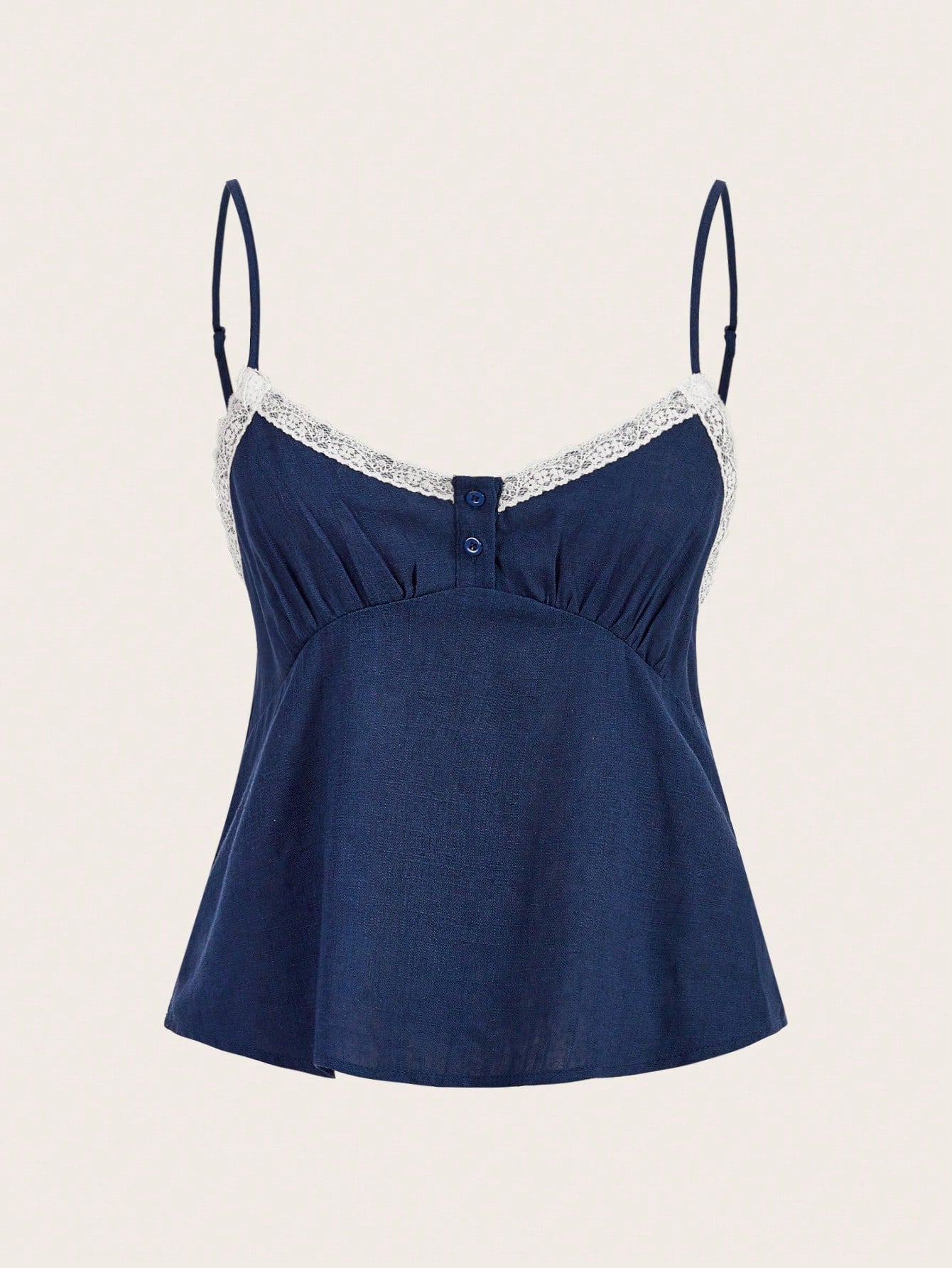 Women's spaghetti strap cami top with lace patchwork, rib-knit detail, button front, regular hem, and semi-sheer woven fabric