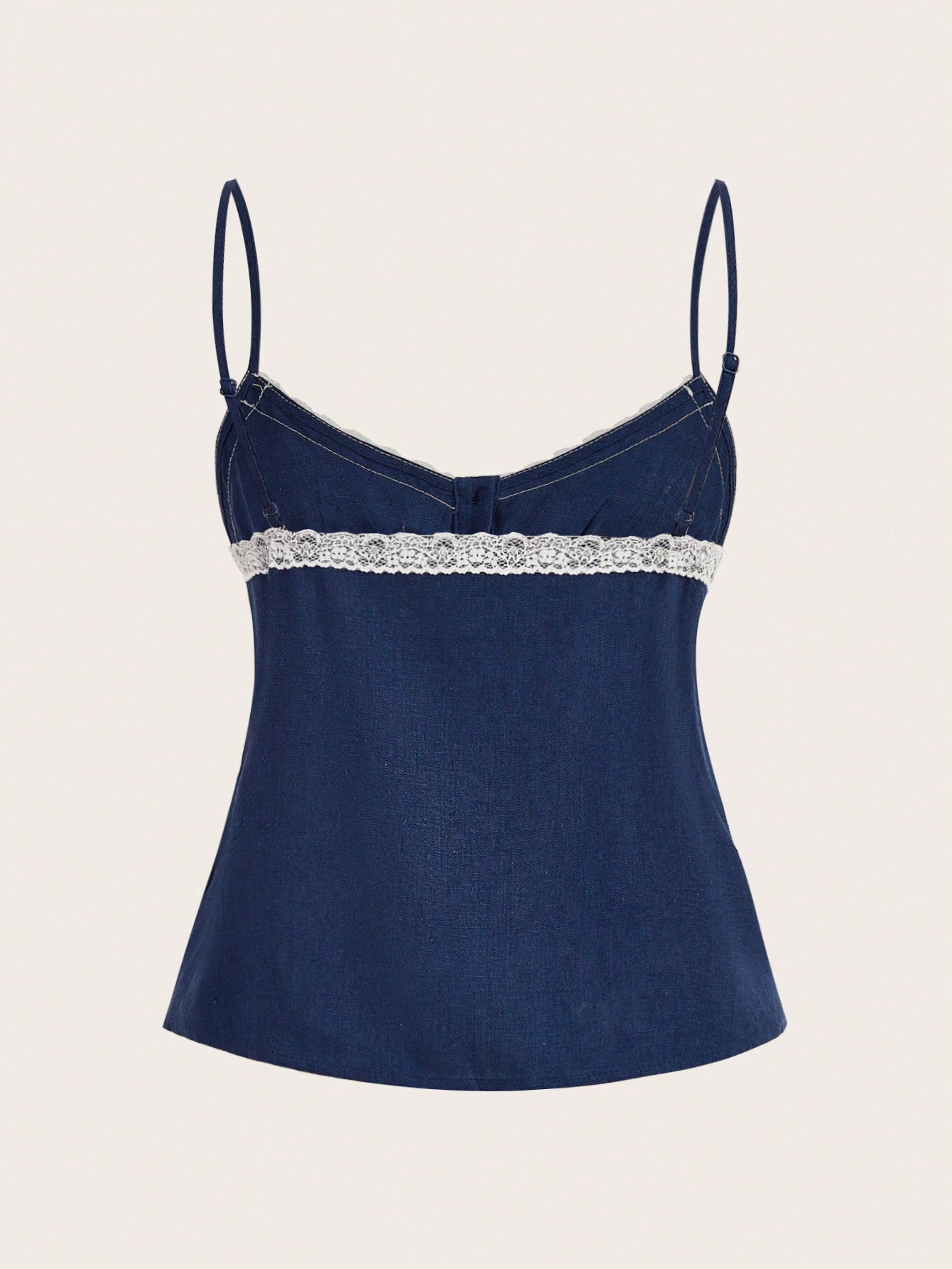 Women's spaghetti strap cami top with lace patchwork, rib-knit detail, button front, regular hem, and semi-sheer woven fabric