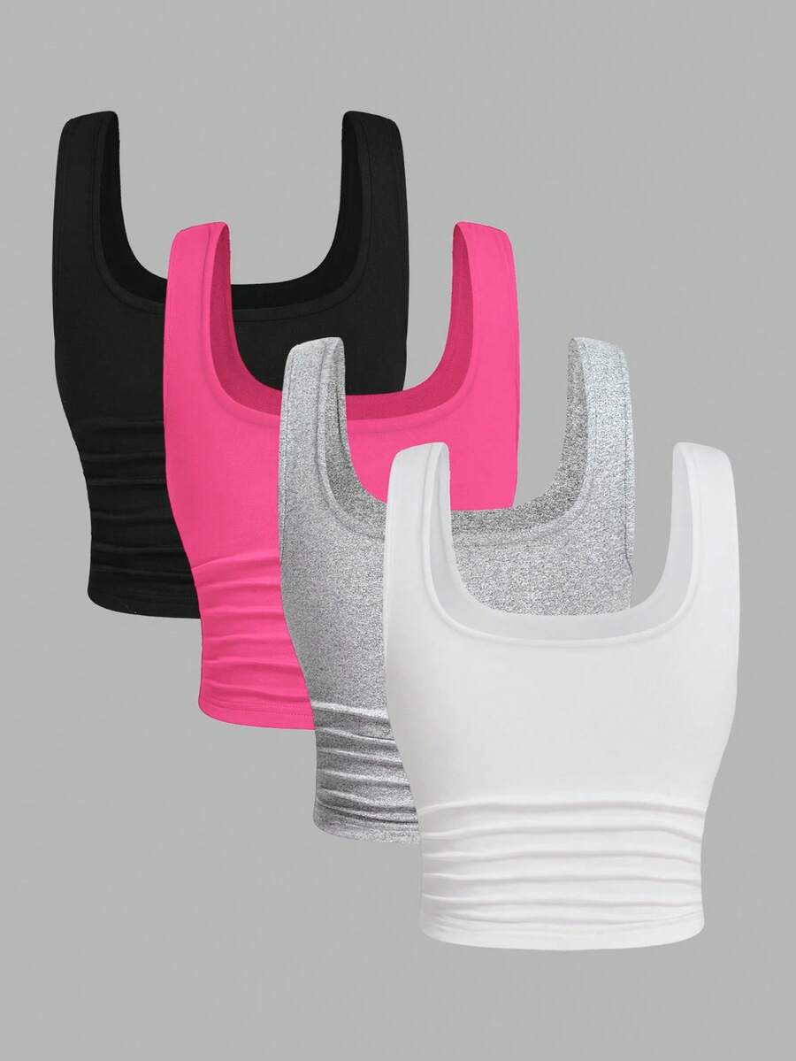 Women's knitted slim fit crop camisole tank top featuring a scoop neck and ruched detailing.