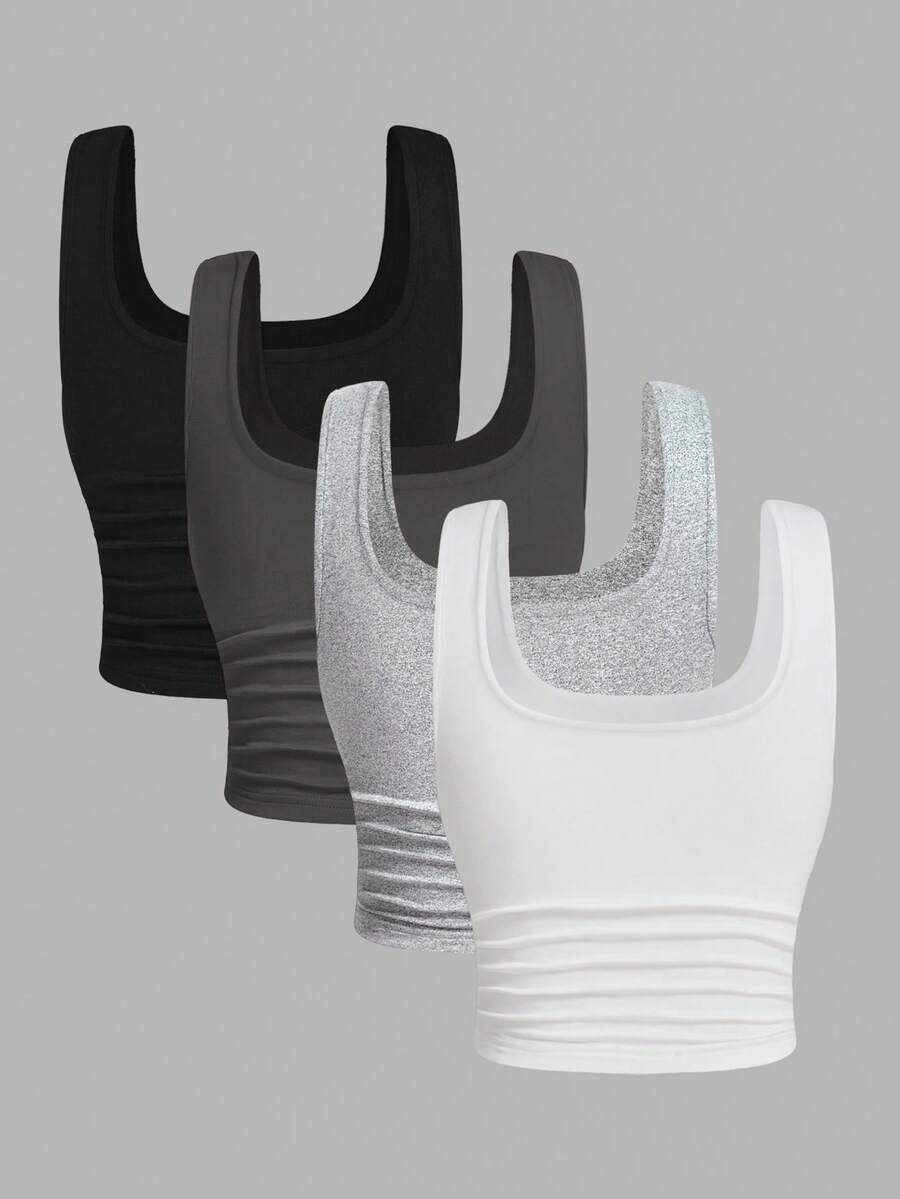 Women's knitted slim fit crop camisole tank top featuring a scoop neck and ruched detailing.