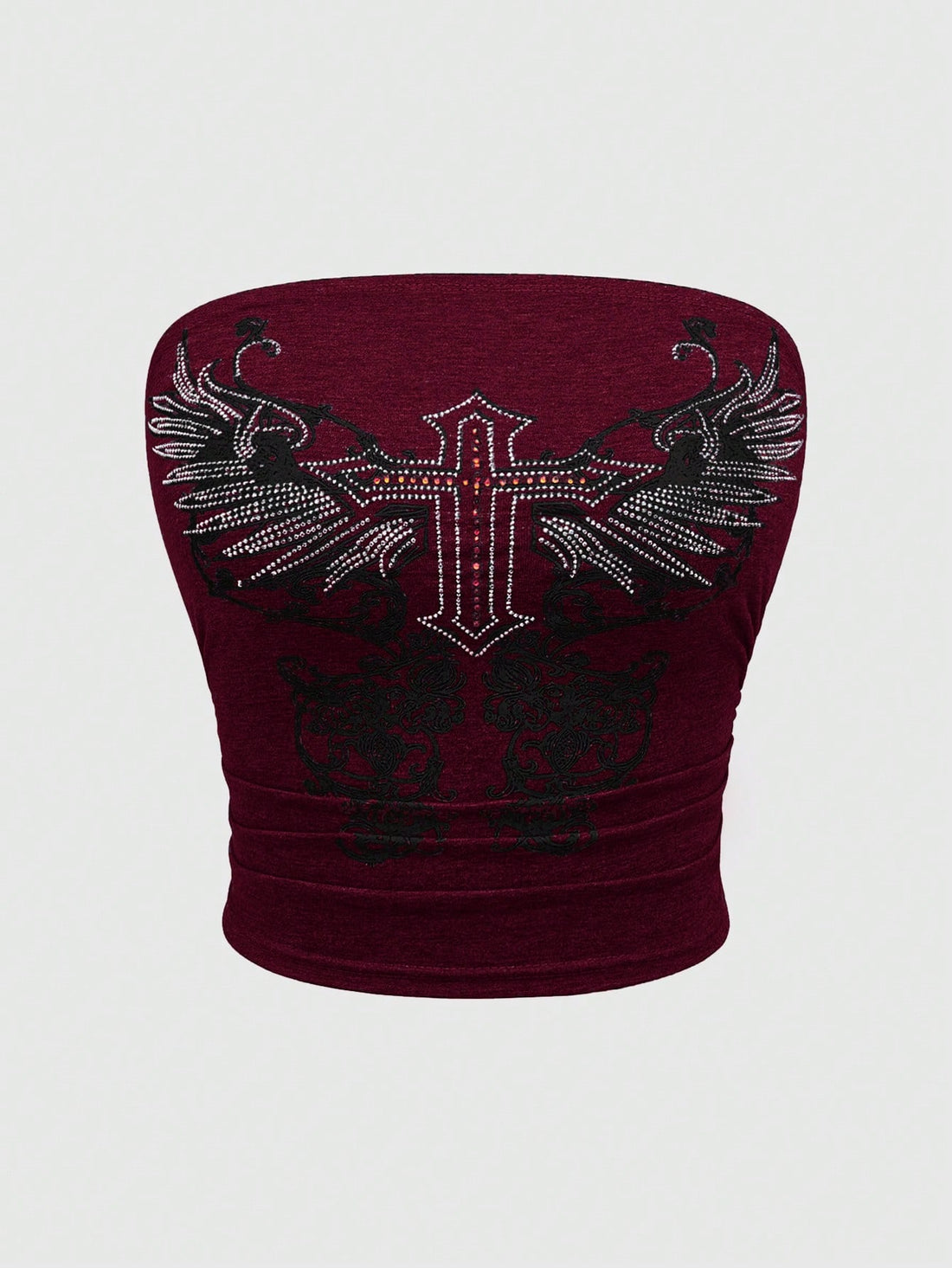 Women's strapless star-printed crop tube top with rhinestone and ruched details.