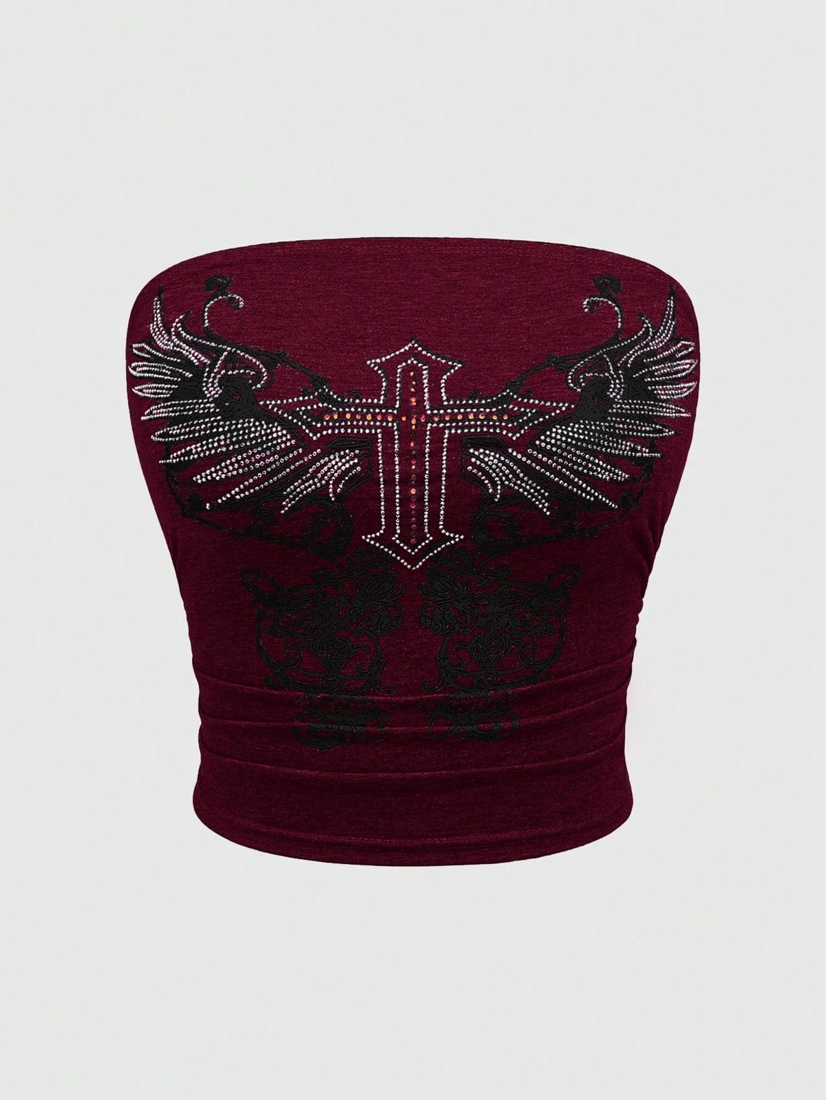 Women's strapless star-printed crop tube top with rhinestone and ruched details.