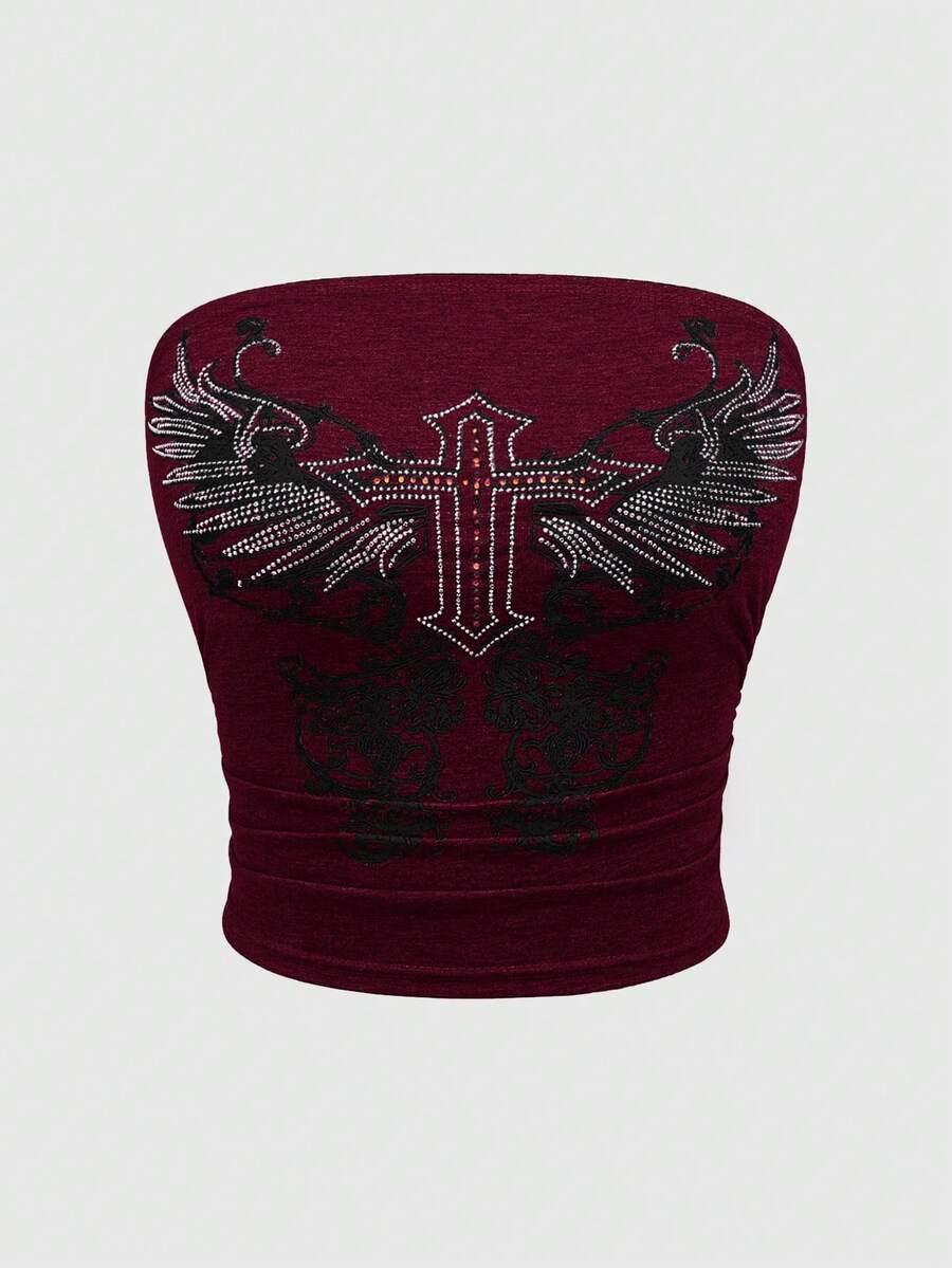 Women's strapless star-printed crop tube top with rhinestone and ruched details.