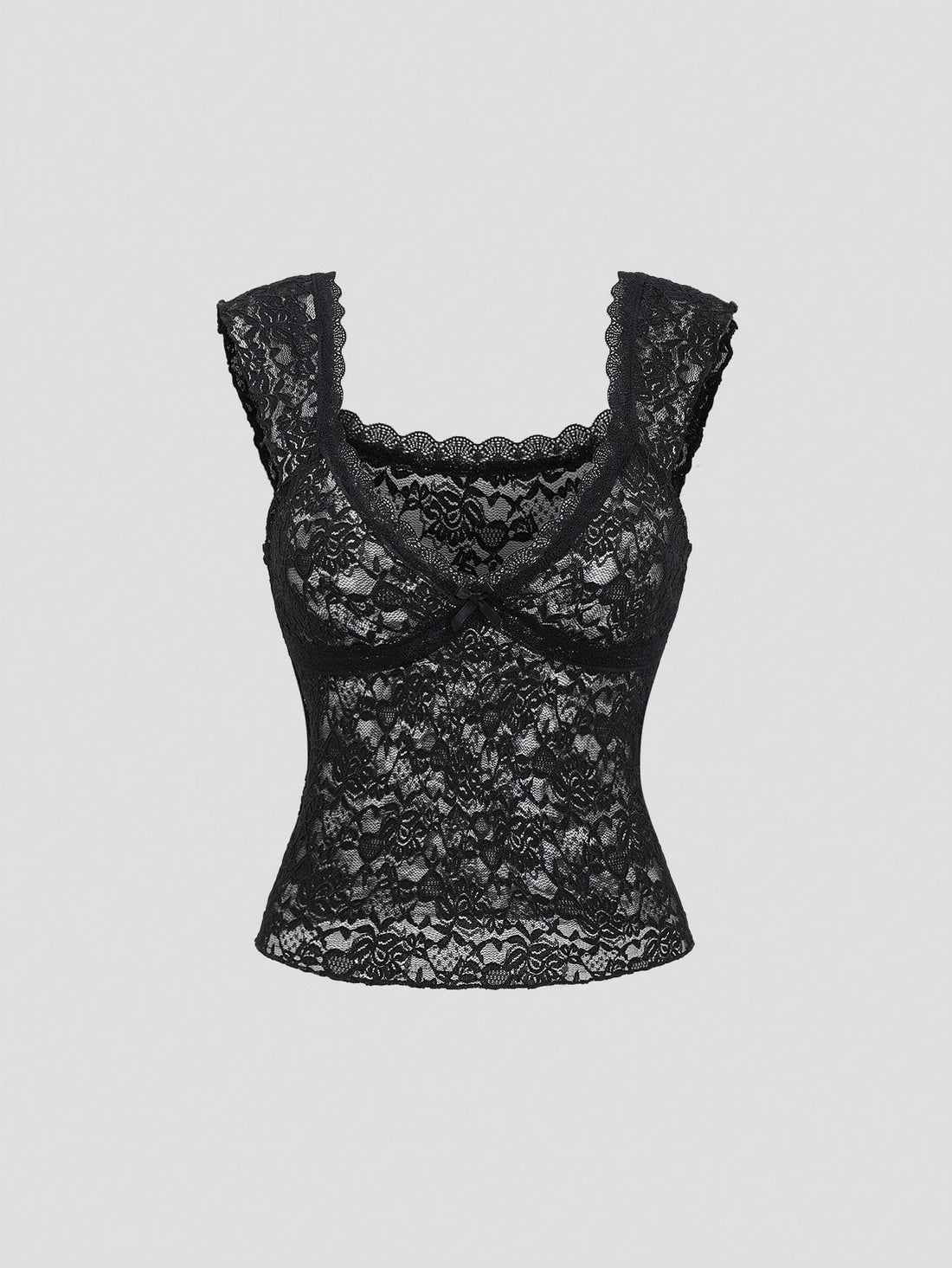 Black crop camisole top featuring wide shoulder straps, sweetheart neckline, and semi-sheer contrast lace detailing.