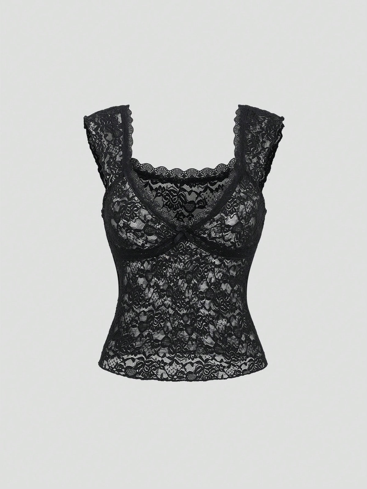 Black crop camisole top featuring wide shoulder straps, sweetheart neckline, and semi-sheer contrast lace detailing.