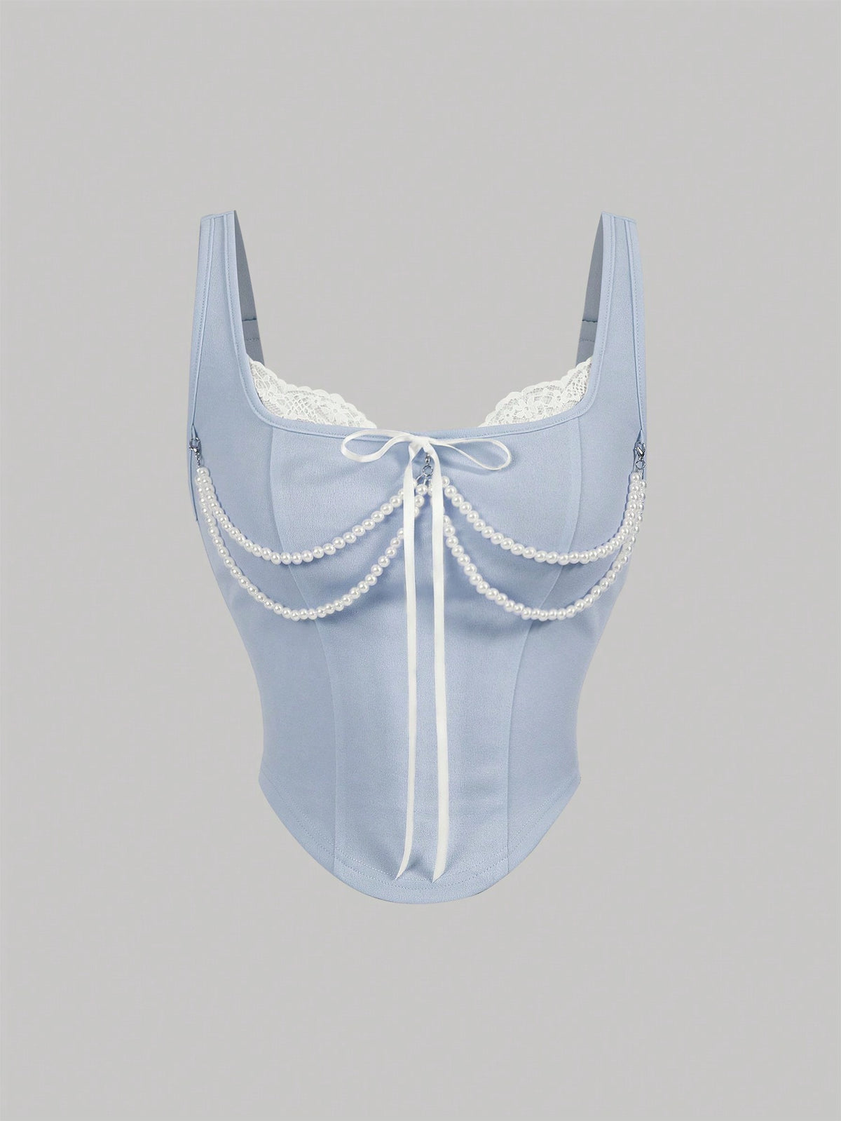 women's black wide-strap tank top featuring a lace collar, detachable bow chain decor with pearl details, and an asymmetrical hem.