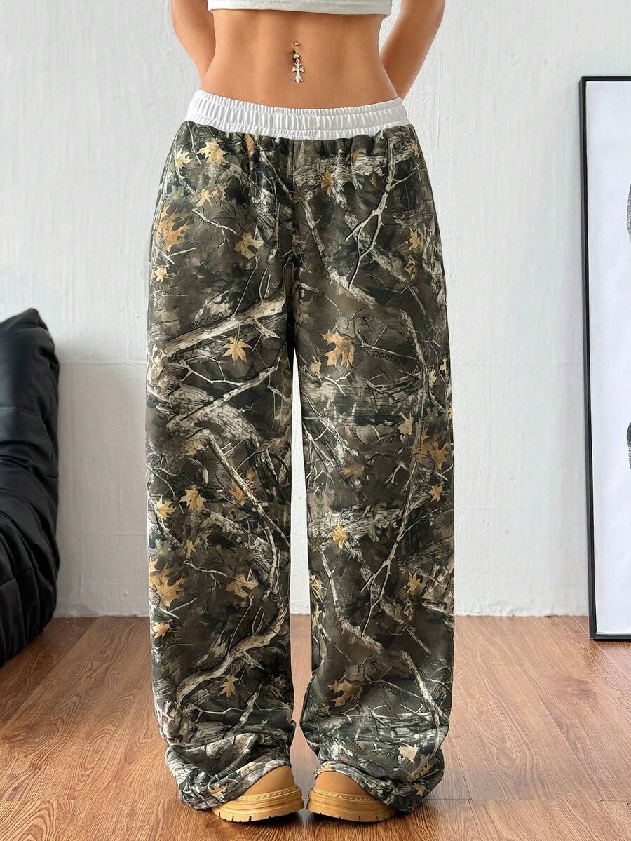 Women's striped straight leg casual trousers with elastic mid waist and side pockets