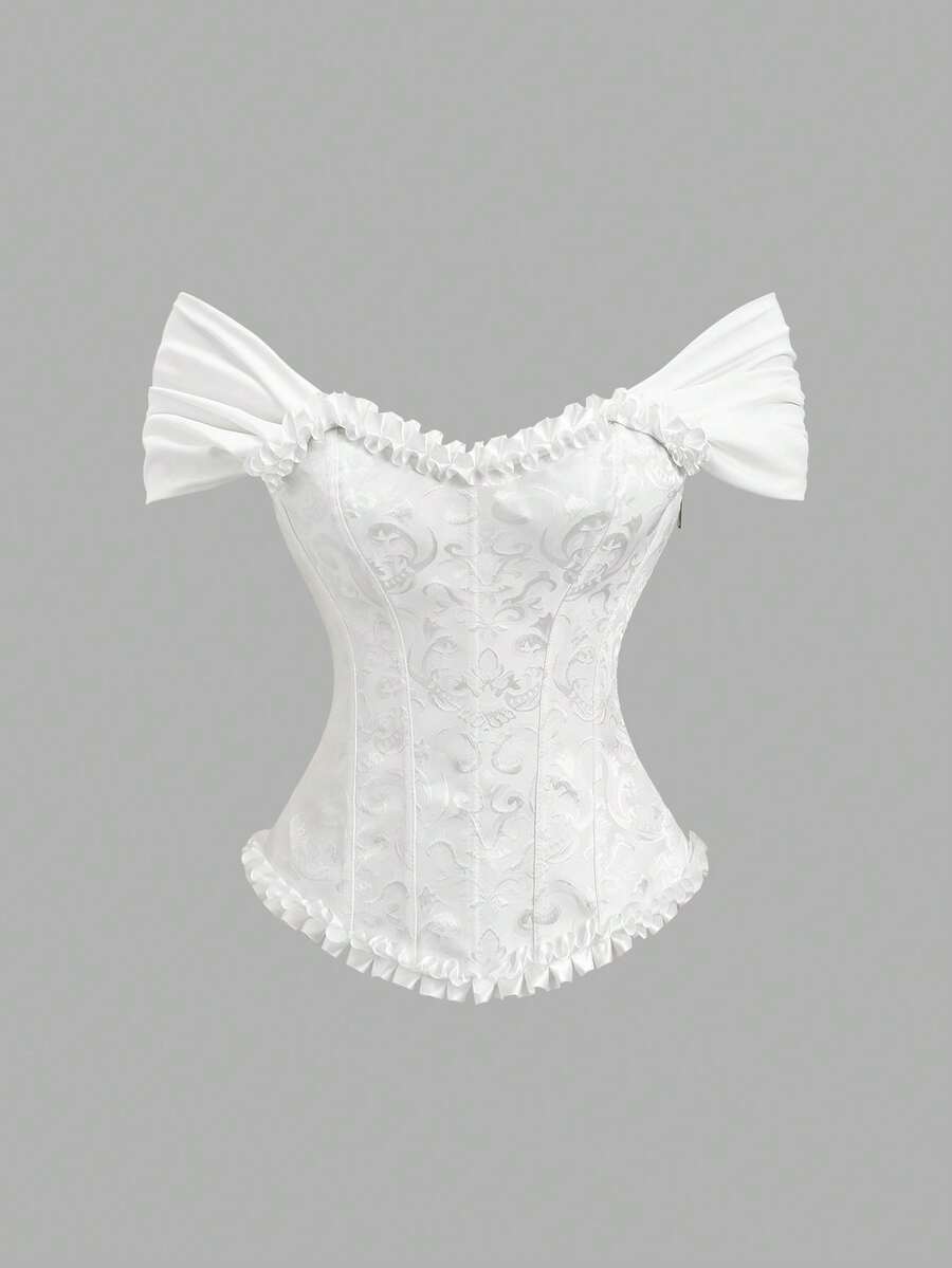 Women's elegant off-the-shoulder sleeveless camisole top featuring frill trim, lace-up front, and asymmetrical hem design.