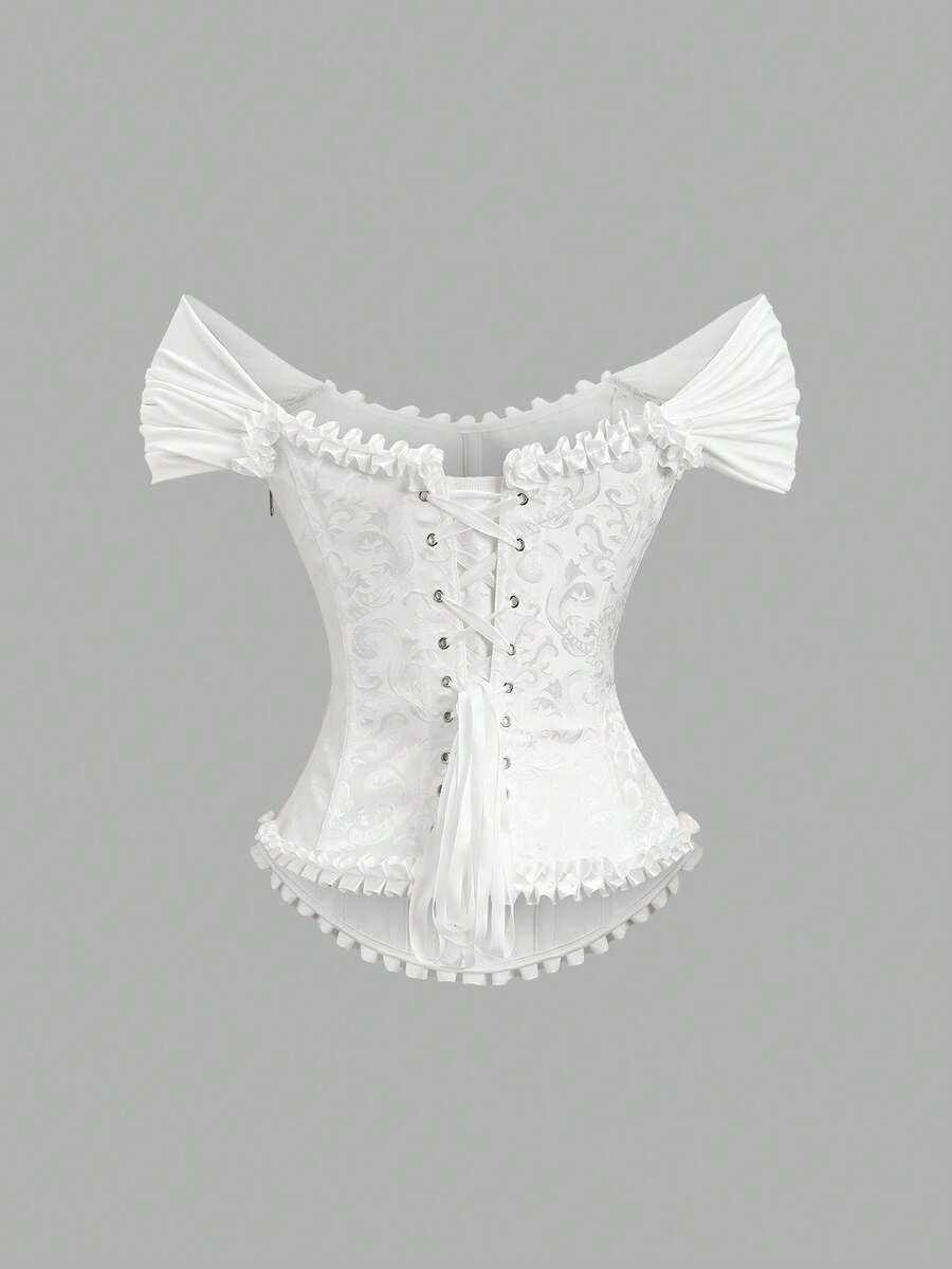 Women's elegant off-the-shoulder sleeveless camisole top featuring frill trim, lace-up front, and asymmetrical hem design.