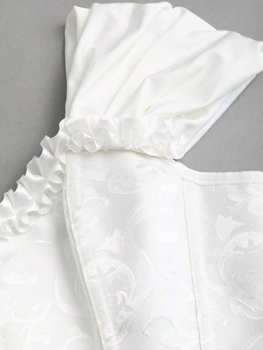 Women's elegant off-the-shoulder sleeveless camisole top featuring frill trim, lace-up front, and asymmetrical hem design.