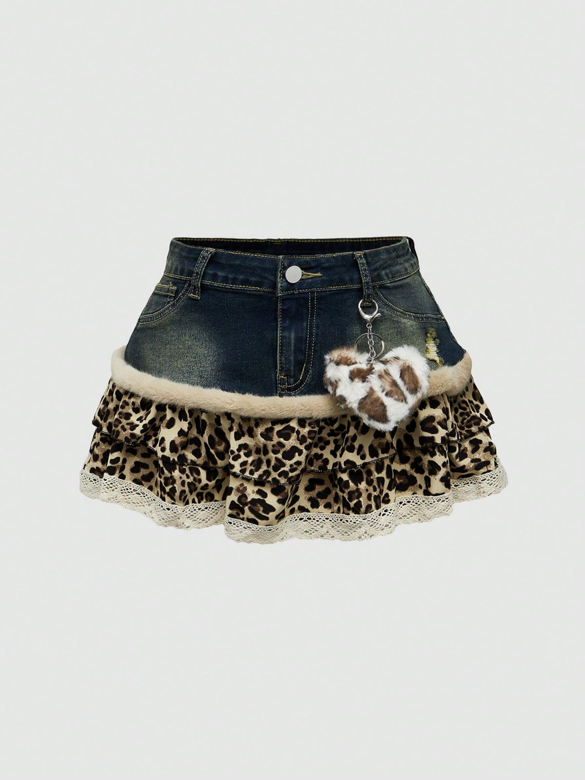 Blue Y2K grunge punk patchwork super short mini skirt with leopard floral trim, contrast lace ruffle hem, zipper, and ultra low waist.