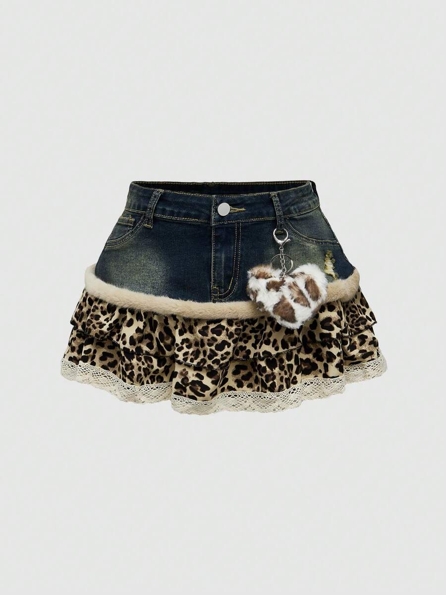 Blue Y2K grunge punk patchwork super short mini skirt with leopard floral trim, contrast lace ruffle hem, zipper, and ultra low waist.