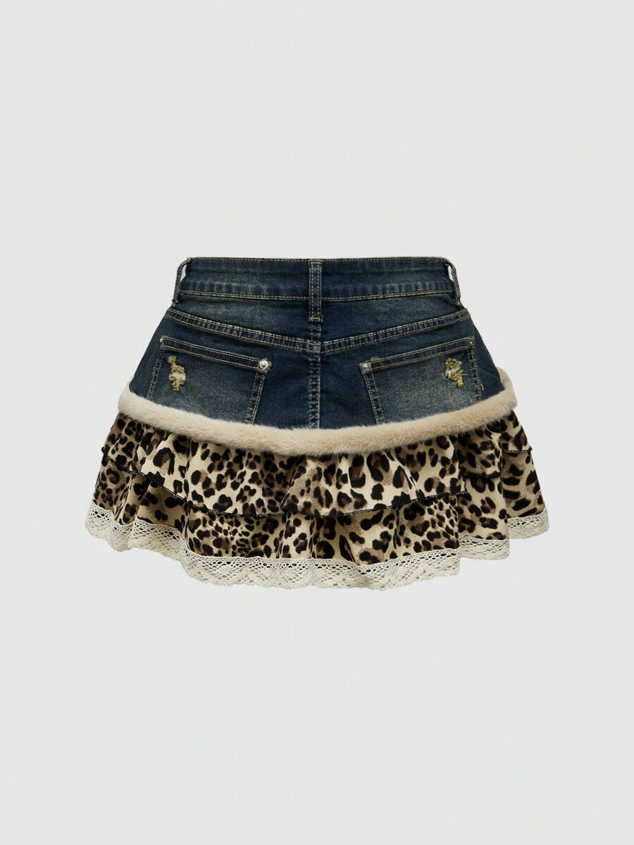 Blue Y2K grunge punk patchwork super short mini skirt with leopard floral trim, contrast lace ruffle hem, zipper, and ultra low waist.
