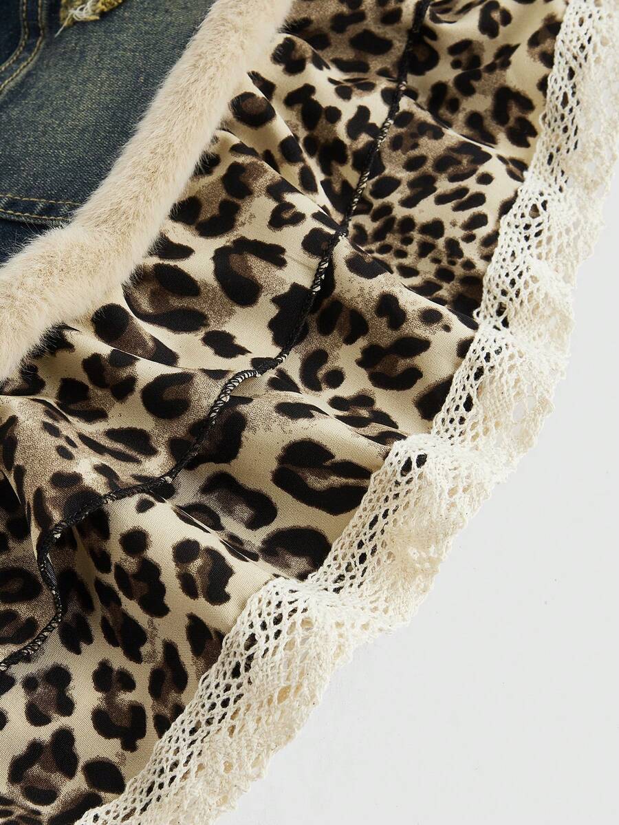 Blue Y2K grunge punk patchwork super short mini skirt with leopard floral trim, contrast lace ruffle hem, zipper, and ultra low waist.