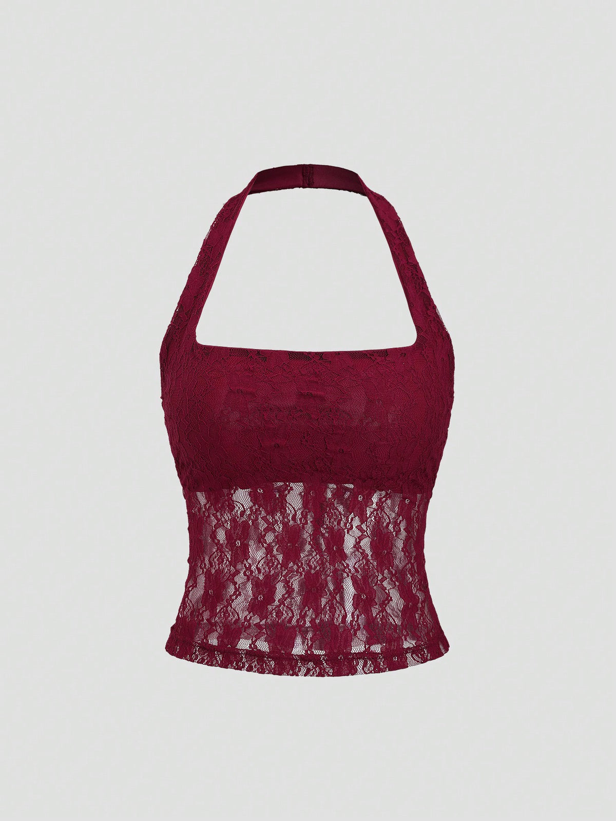 Women's solid lace halter top featuring a backless slim fit design with semi-sheer lace detail.