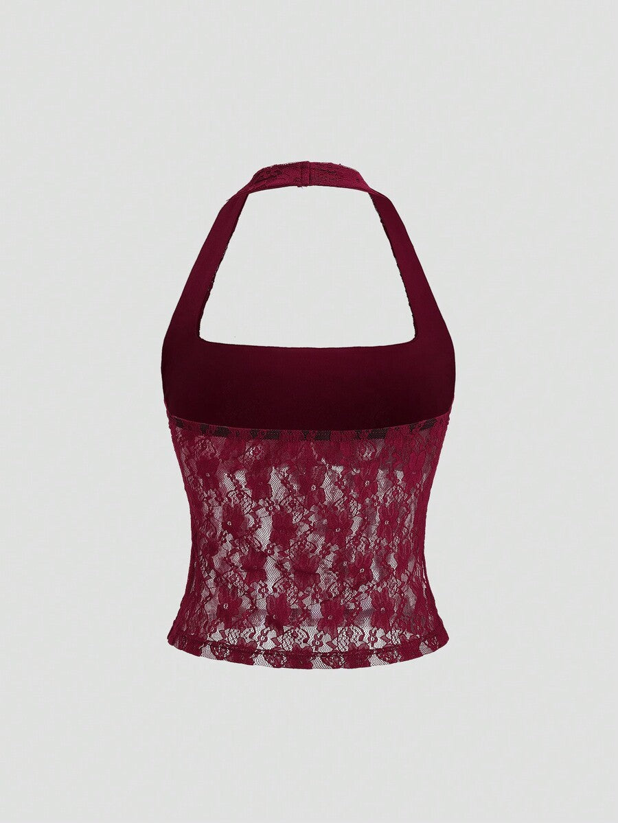 Women's solid lace halter top featuring a backless slim fit design with semi-sheer lace detail.
