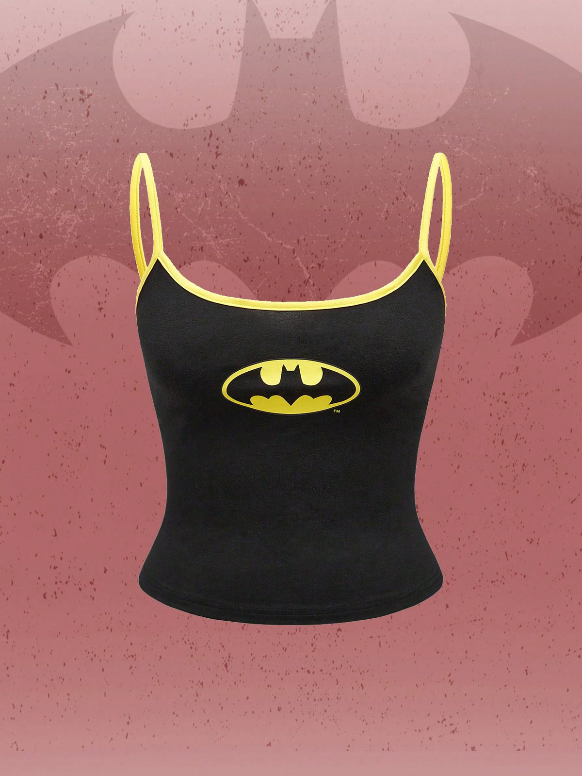 Black cropped cami top featuring a graphic print, spaghetti straps, rib-knit fabric with contrast binding, and a slim fit silhouette.