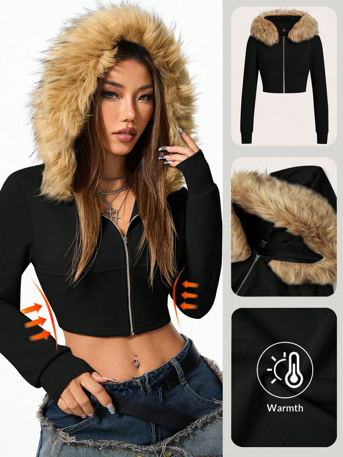 Front view of women's black zip-up hooded crop top with long sleeves and fuzzy faux fur fleece details