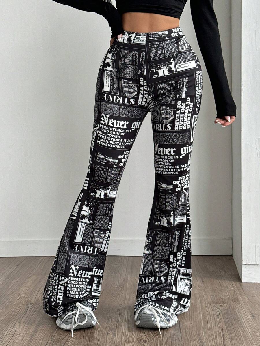 Women's plus size black flare leg pants with high elastic waist in stretchy knit fabric