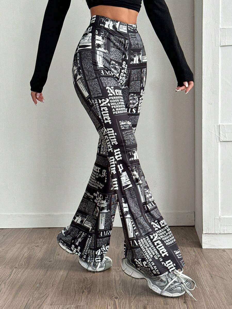 Women's plus size black flare leg pants with high elastic waist in stretchy knit fabric