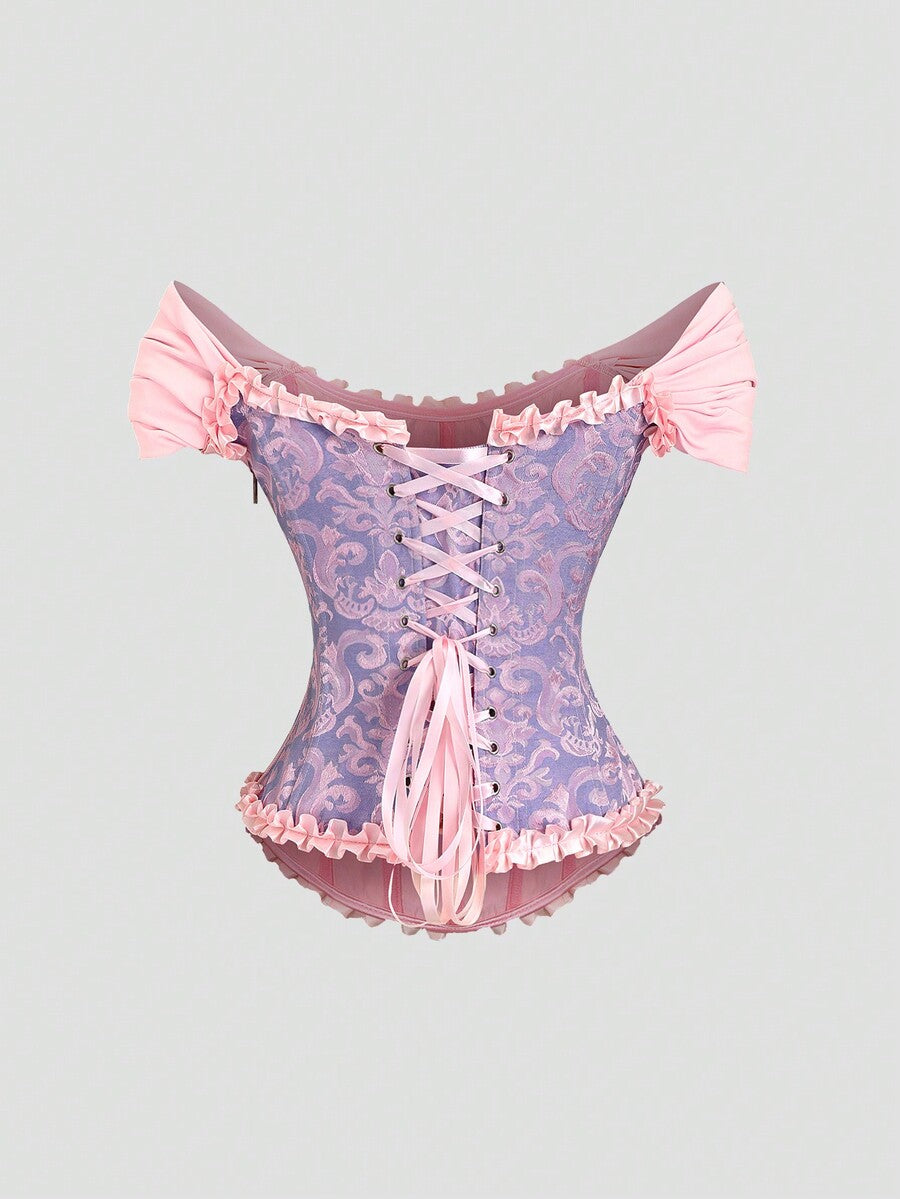 Women's elegant off-the-shoulder sleeveless camisole top featuring frill trim, lace-up front, and asymmetrical hem design.