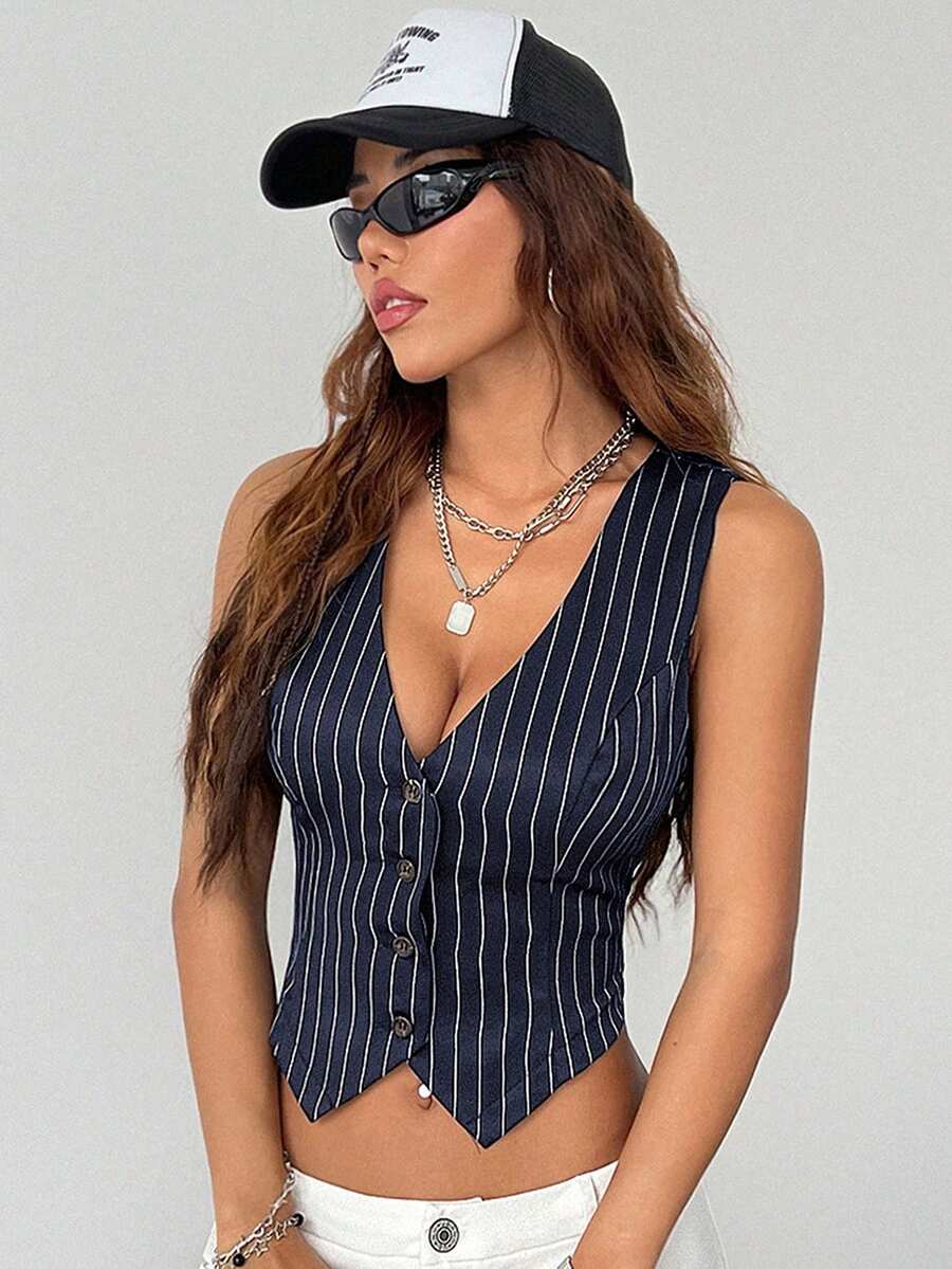 Women's striped sleeveless crop vest with V-neck, button-front closure, and asymmetrical hem.