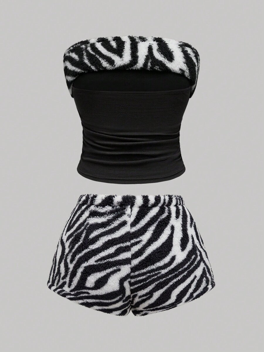 Women's black Y2K zebra print rhinestone 2-piece loungewear set with strapless camisole and mini shorts