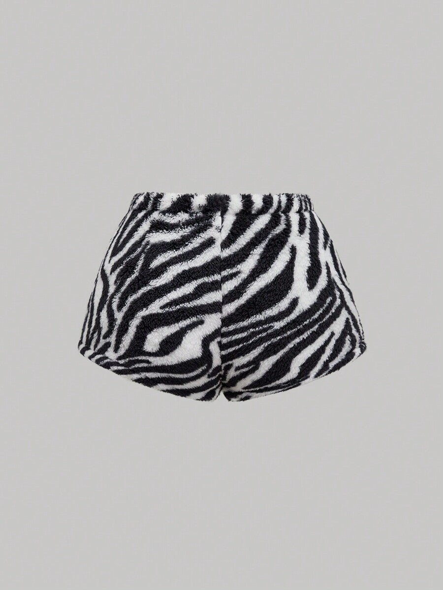 Women's black Y2K zebra print rhinestone 2-piece loungewear set with strapless camisole and mini shorts