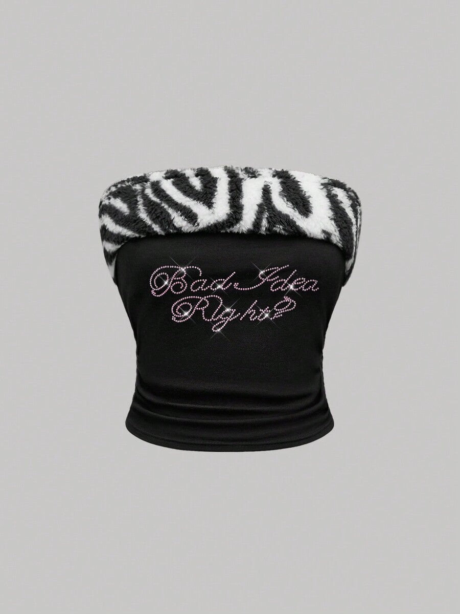 Women's black Y2K zebra print rhinestone 2-piece loungewear set with strapless camisole and mini shorts