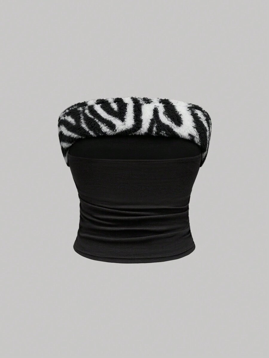 Women's black Y2K zebra print rhinestone 2-piece loungewear set with strapless camisole and mini shorts