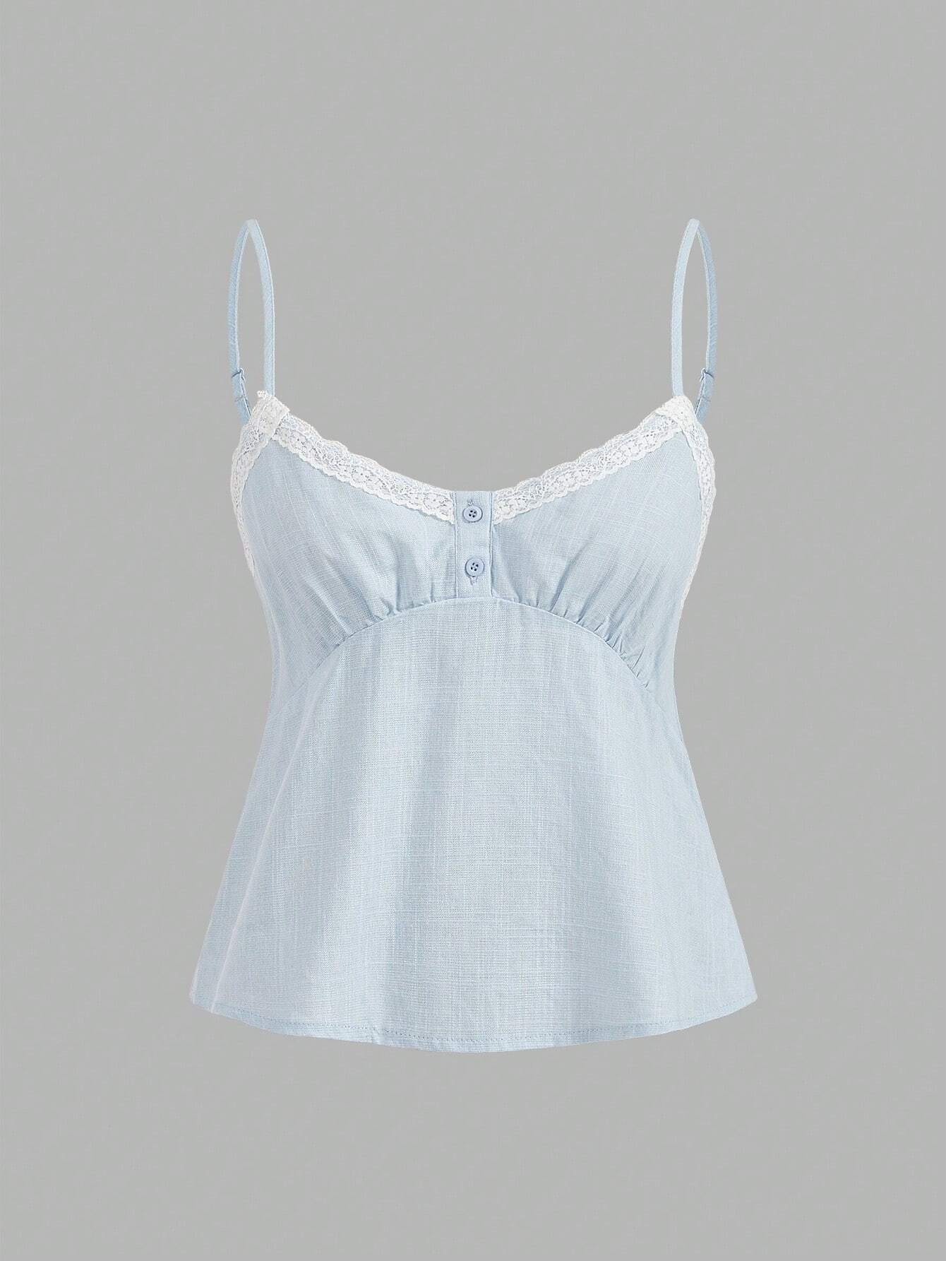 Women's spaghetti strap cami top with lace patchwork, rib-knit detail, button front, regular hem, and semi-sheer woven fabric