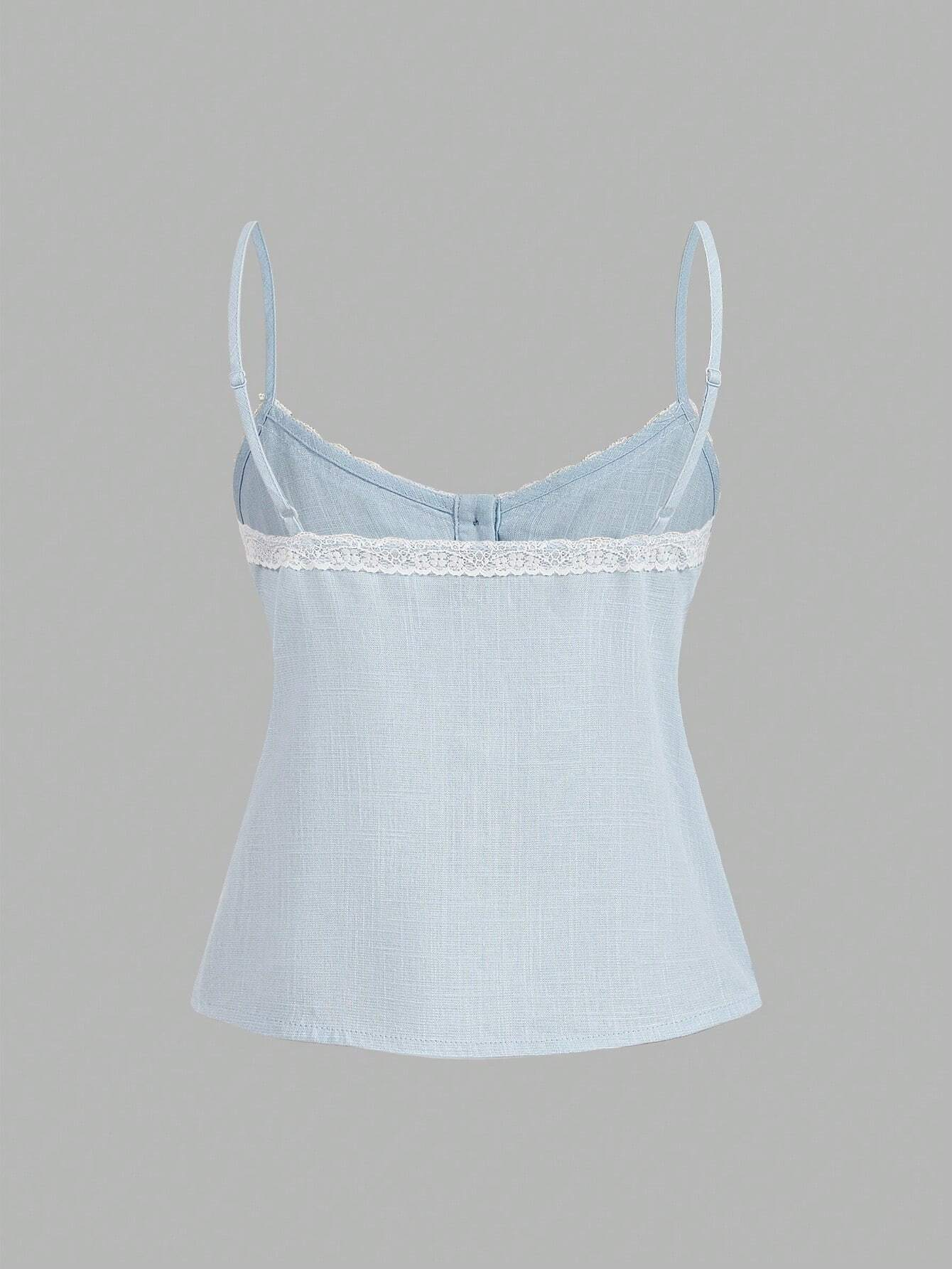 Women's spaghetti strap cami top with lace patchwork, rib-knit detail, button front, regular hem, and semi-sheer woven fabric