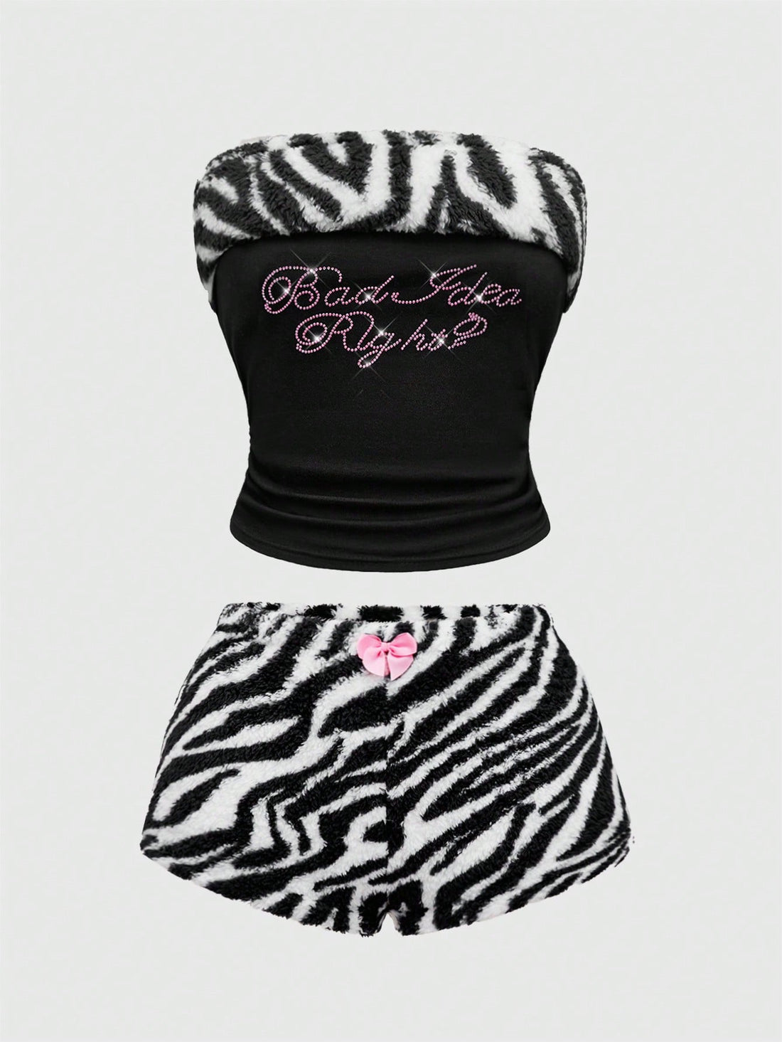 Women's black Y2K zebra print rhinestone 2-piece loungewear set with strapless camisole and mini shorts