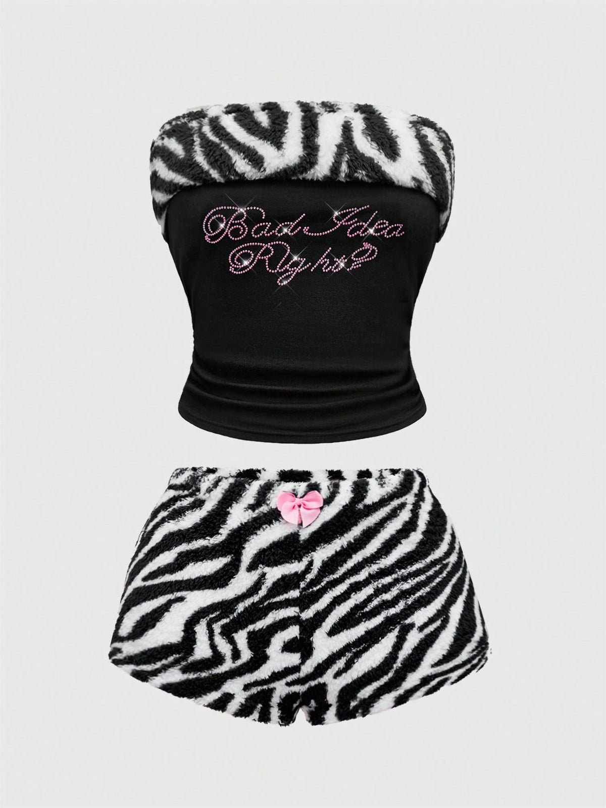 Women's black Y2K zebra print rhinestone 2-piece loungewear set with strapless camisole and mini shorts