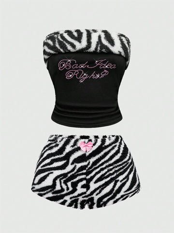 Women's black Y2K zebra print rhinestone 2-piece loungewear set with strapless camisole and mini shorts