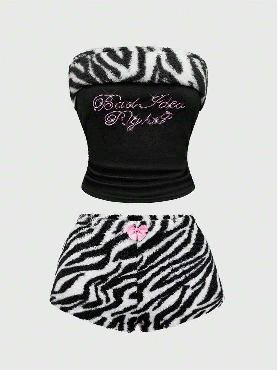 Women's black Y2K zebra print rhinestone 2-piece loungewear set with strapless camisole and mini shorts