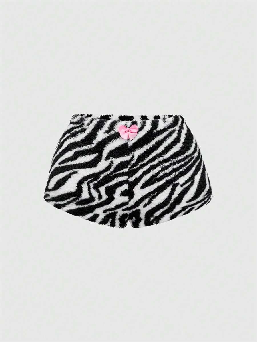Women's black Y2K zebra print rhinestone 2-piece loungewear set with strapless camisole and mini shorts