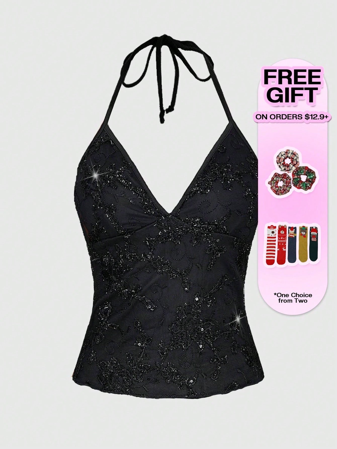 Mesh lace halter top with contrast sequin floral vine embroidery, backless knot detail, and regular fit styling for party, stage, concert, or Halloween looks.