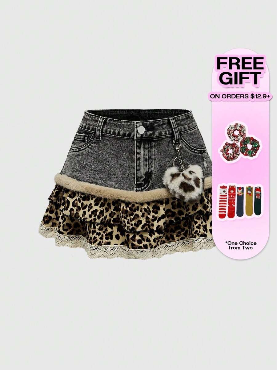Blue Y2K grunge punk patchwork super short mini skirt with leopard floral trim, contrast lace ruffle hem, zipper, and ultra low waist.