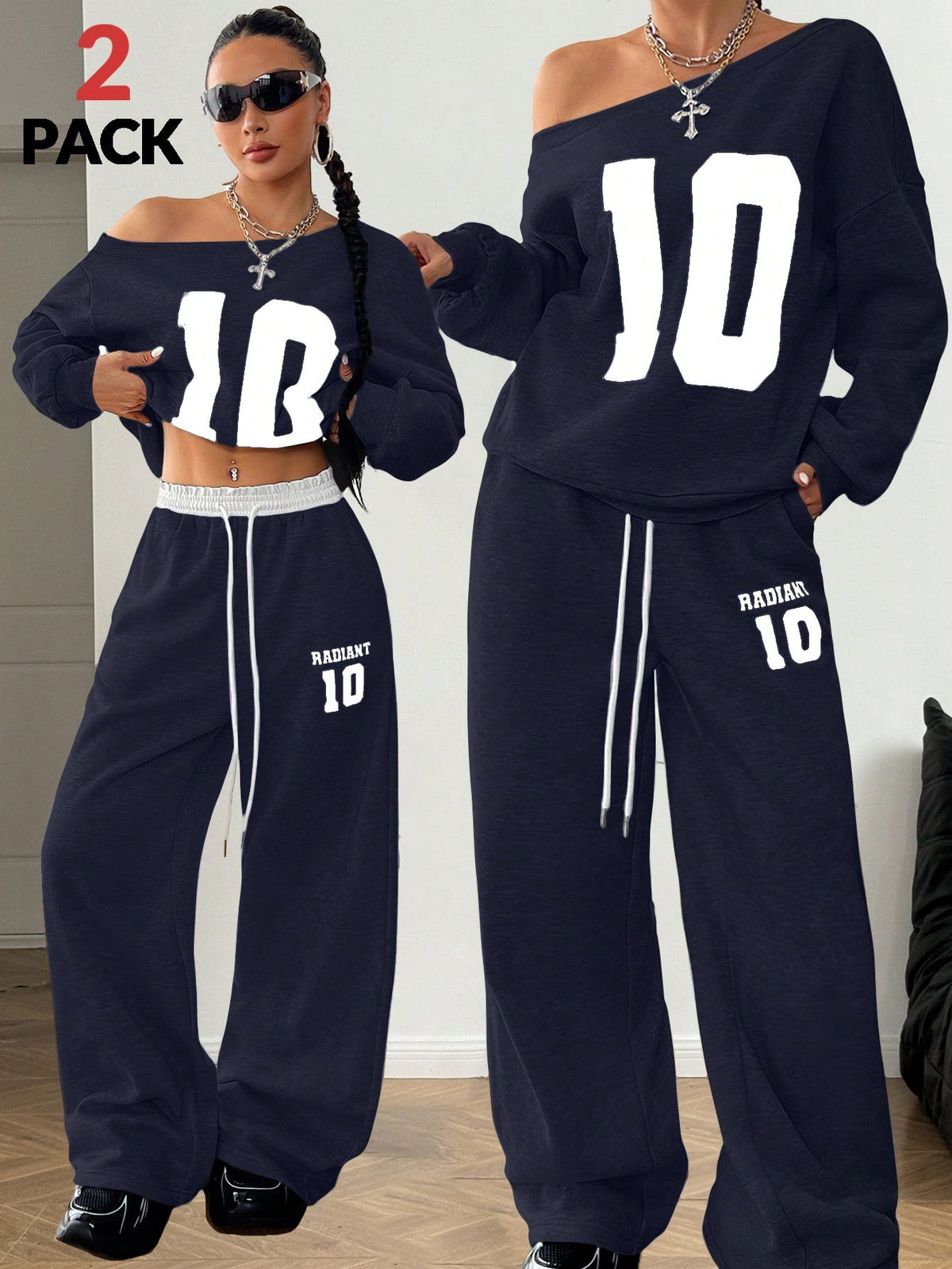 Women's casual two-piece tracksuit featuring an asymmetrical neck long sleeve sweatshirt and matching loose sweatpants with drawstring waist.