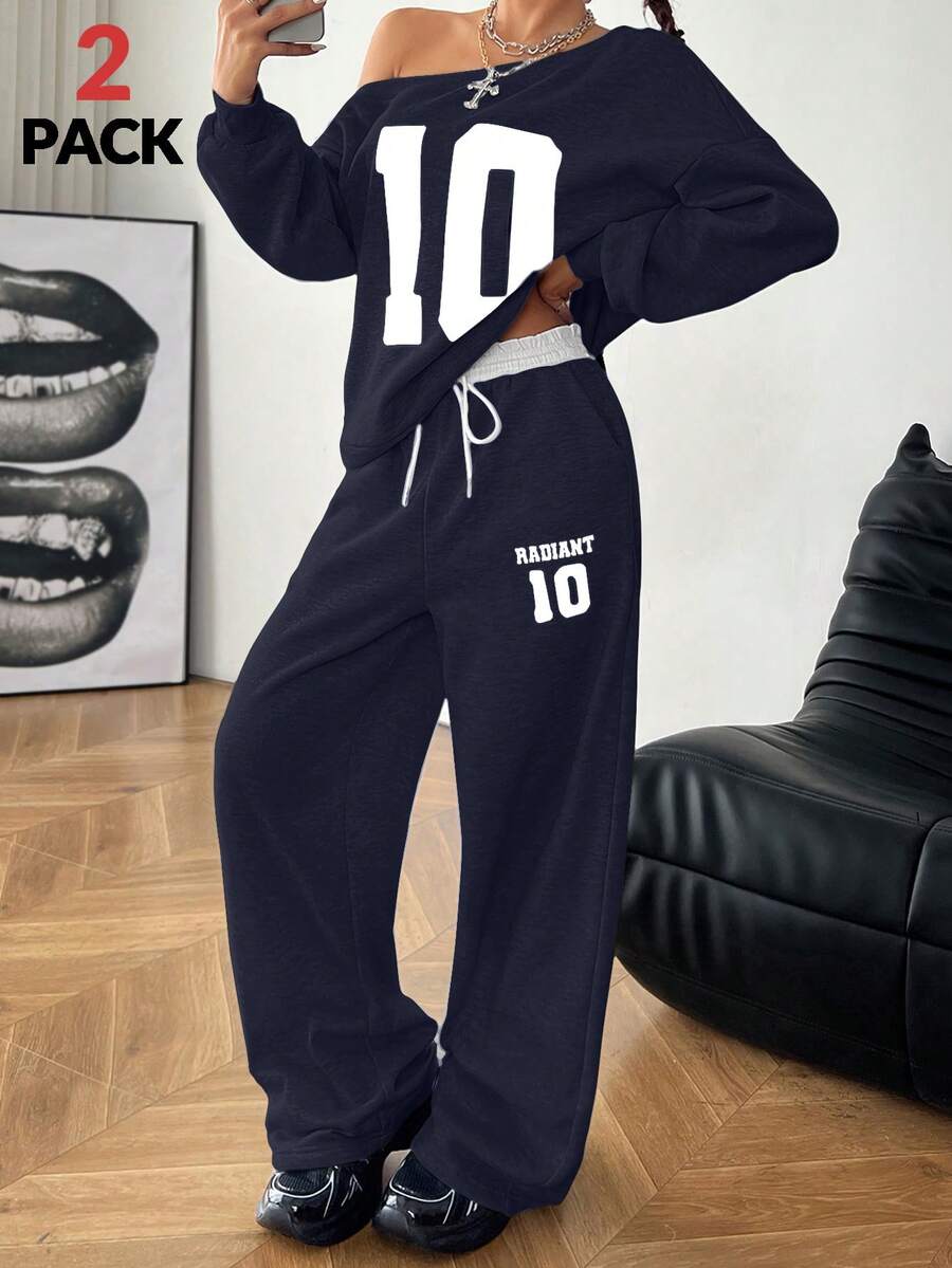 Women's casual two-piece tracksuit featuring an asymmetrical neck long sleeve sweatshirt and matching loose sweatpants with drawstring waist.
