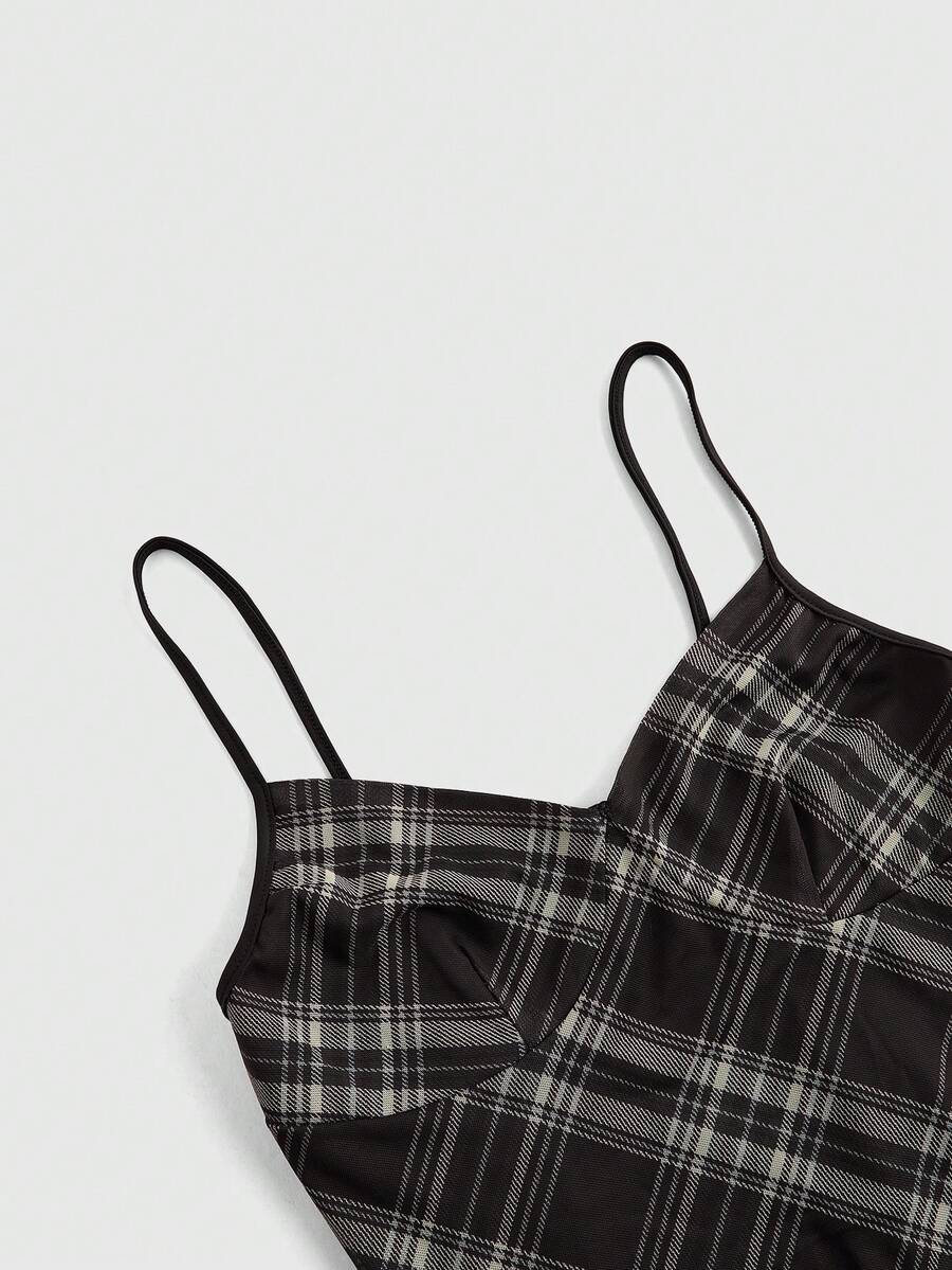 Women's sleeveless plaid cami maxi dress with spaghetti straps, backless detail, and a split thigh mermaid hem.