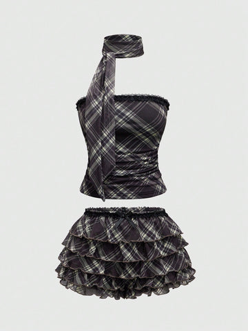 Women's brown plaid Y2K two-piece outfit featuring a strapless bandeau top with contrast lace and a matching mini shorts bottom.