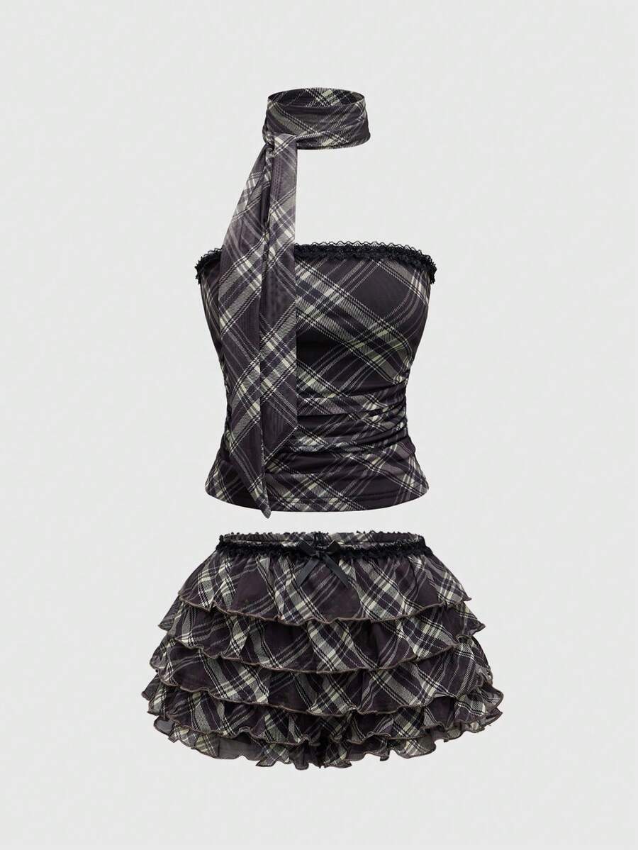 Women's brown plaid Y2K two-piece outfit featuring a strapless bandeau top with contrast lace and a matching mini shorts bottom.