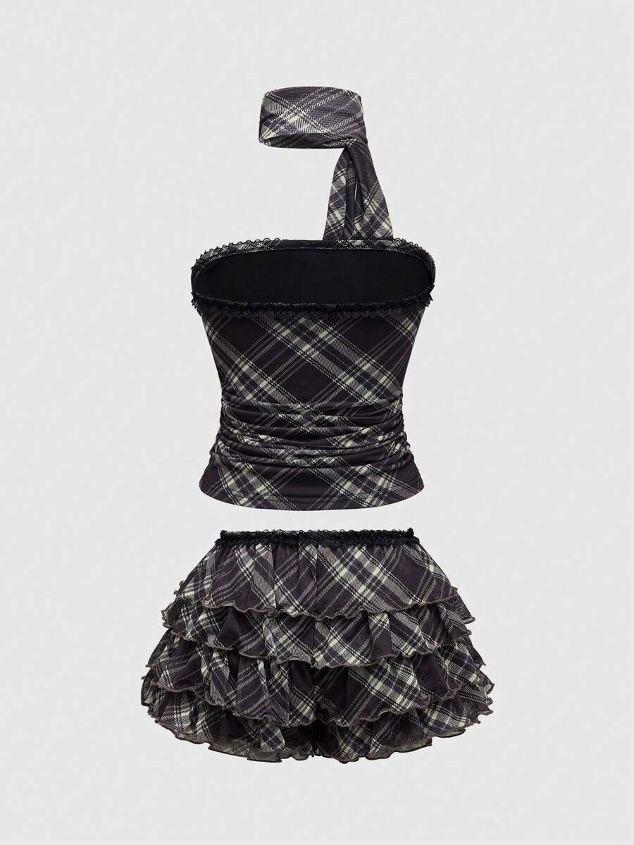Women's brown plaid Y2K two-piece outfit featuring a strapless bandeau top with contrast lace and a matching mini shorts bottom.