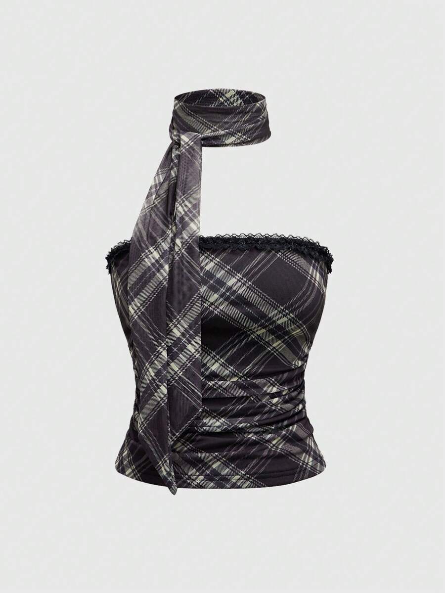 Women's brown plaid Y2K two-piece outfit featuring a strapless bandeau top with contrast lace and a matching mini shorts bottom.