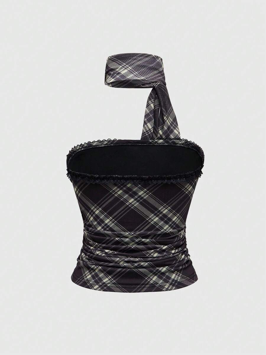 Women's brown plaid Y2K two-piece outfit featuring a strapless bandeau top with contrast lace and a matching mini shorts bottom.