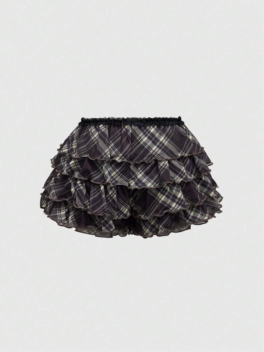 Women's brown plaid Y2K two-piece outfit featuring a strapless bandeau top with contrast lace and a matching mini shorts bottom.
